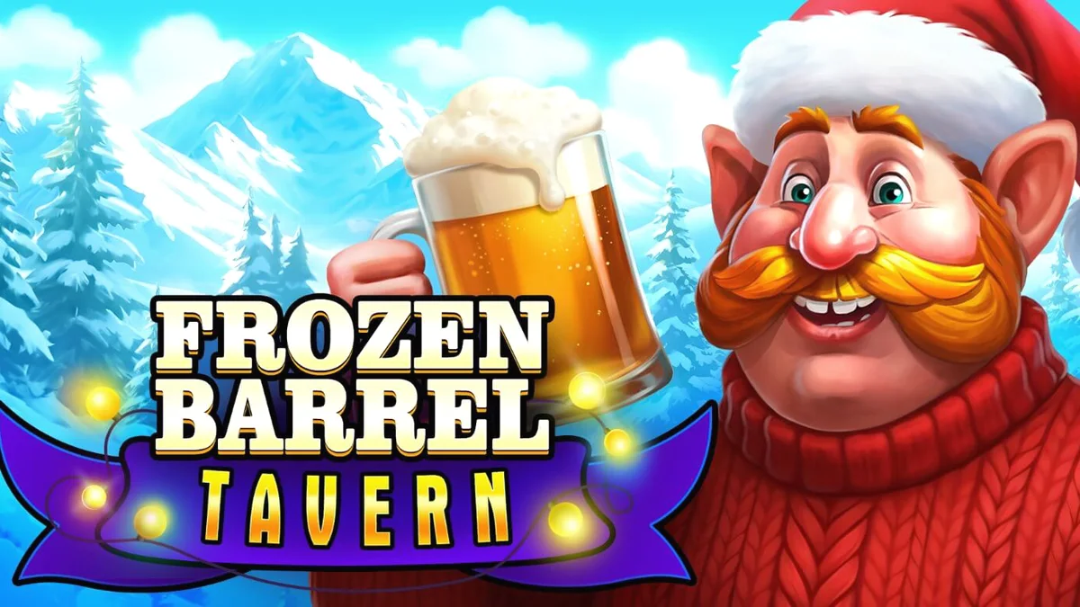 Suasana meriah di dalam Frozen Barrel Tavern dengan simbol-simbol bertema musim dingin.