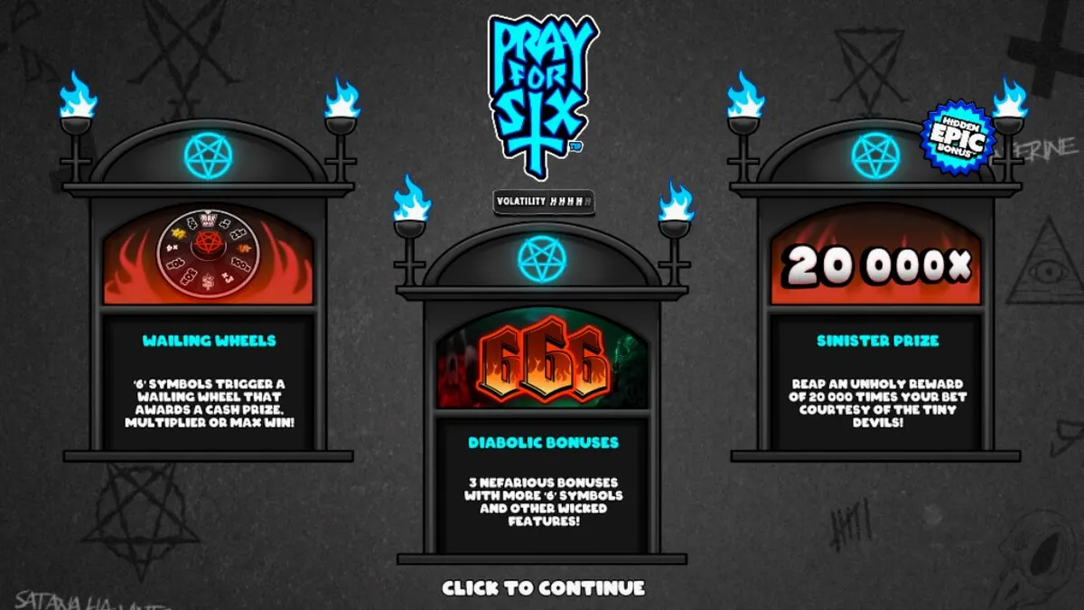 Tampilan visual slot Pray for Six dengan tema monokrom dan kartun klasik